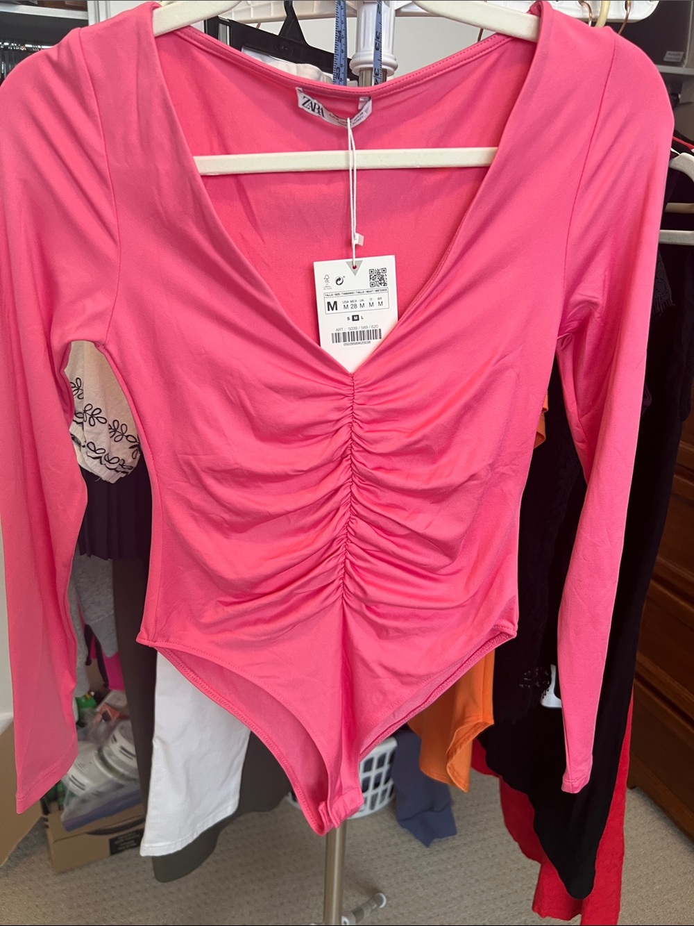 Zara Hot Pink Ruched V-Neck Long Sleeve Bodysuit